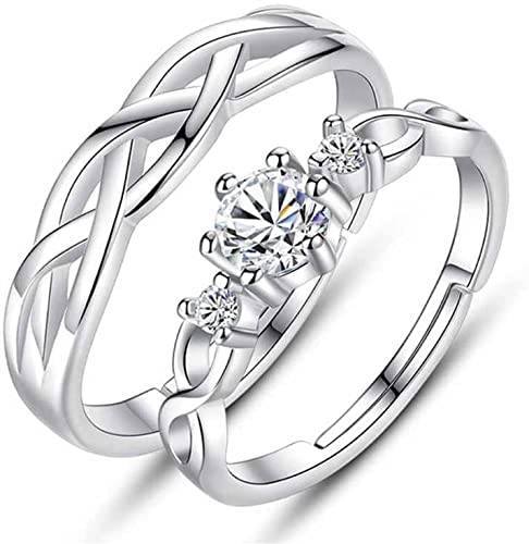 MEENAZ CZ Valentine American diamond Adjustable Heart Love Ring Combo set Platinum Silver propose AD Couples 2 Finger Rings for girls women Couple girlfriend King Queen Gf BF lovers men boys - Image 1