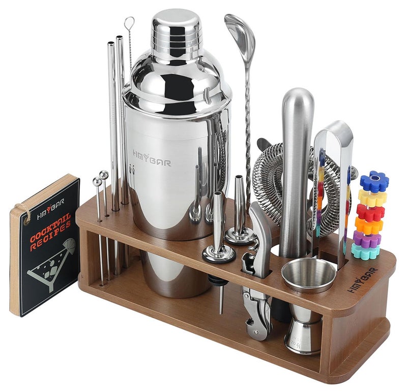 HMYBAR 22Piece Cocktail Shaker Set Mixology Bartender Kit with 24oz Cobbler Shaker Home Bar Tool Set with Brown Bamboo Stand 39 Recipe Cards Glass Markers Gift for Men Dad - Image 2