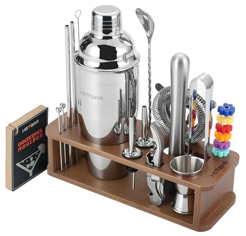HMYBAR 22Piece Cocktail Shaker Set Mixology Bartender Kit with 24oz Cobbler Shaker Home Bar Tool Set with Brown Bamboo Stand 39 Recipe Cards Glass Markers Gift for Men Dad - Image 1