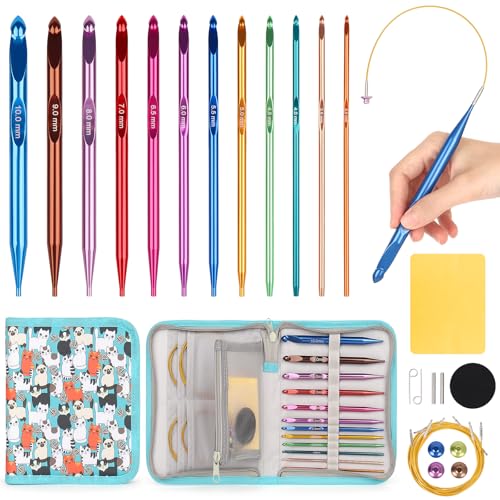 Aeelike Interchangeable Tunisian Crochet Hooks Set, 12 Sizes Colorful Tunisian Crochet Hooks Set with Cables 3.0mm - 10.0mm Smooth Ergonomic Hook for Making Blanket Scarves, Ideal Gift - Image 1