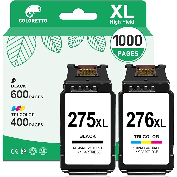COLORETTO 275XL 276XL for PIXMA TS3722 Ink Cartridges 275 276 XL Ink Cartridges for Printers TR4720 TS3720 TR4700 TS3522 TS3520 TS3500 TR4725 TR4722 Black/Color Combo Pack Replacement