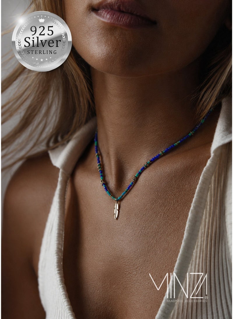 Minza " Macaw " Pure 925 Sterling Silver, Afghan turquoise Stone, Handmade Necklace for Women, Pendant and Beaded Necklace, 2.800 grams of Silver, Jewelry for Casual & Special Occasion - Image 1