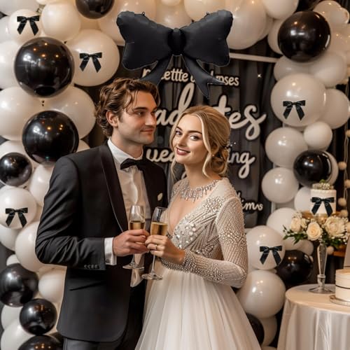 besttideyes زينة حفلة عيد الميلاد مع bows سوداء 122 قطعة بالونات بيضاء مزدوجة محشوة باللؤلؤ مع بالونات فويل سوداء لحفلات عيد الميلاد والزفاف وحفلات الزفاف للفتاة. - Image 3