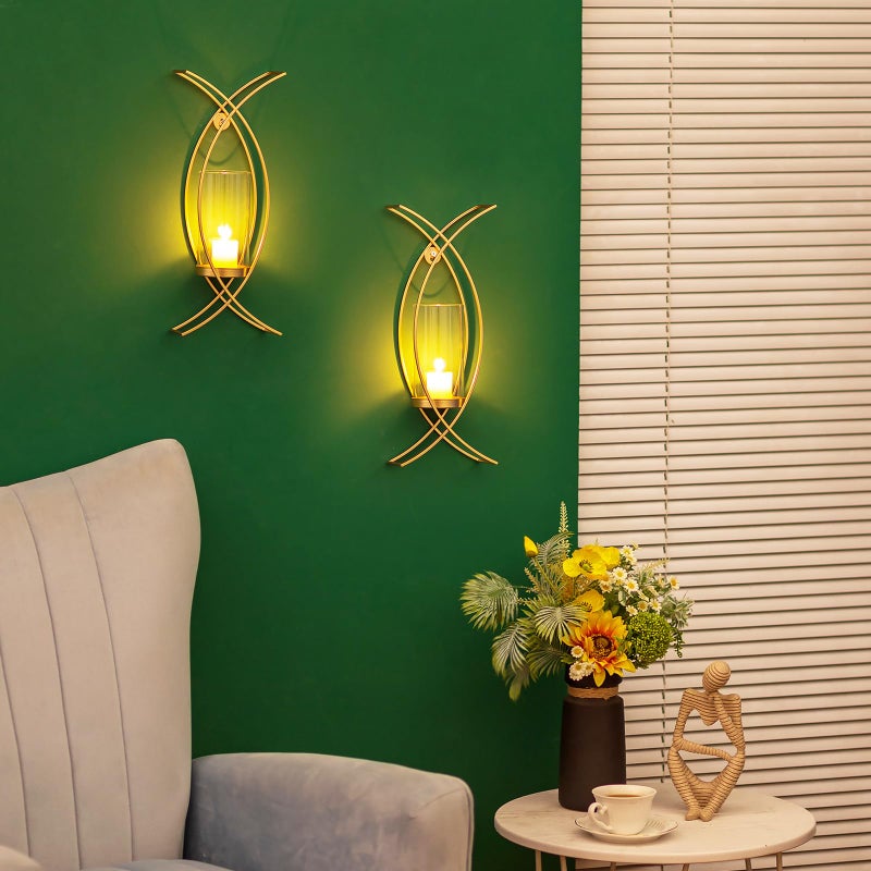 Walasis Candle Sconces Wall Decor Set of 2: Wall Hurricane Candle Holder Modern Metal Wall Mounted Gold Sconces Decorations for Living Room Bedroom Bathroom Hallway Outdoor - Image 2
