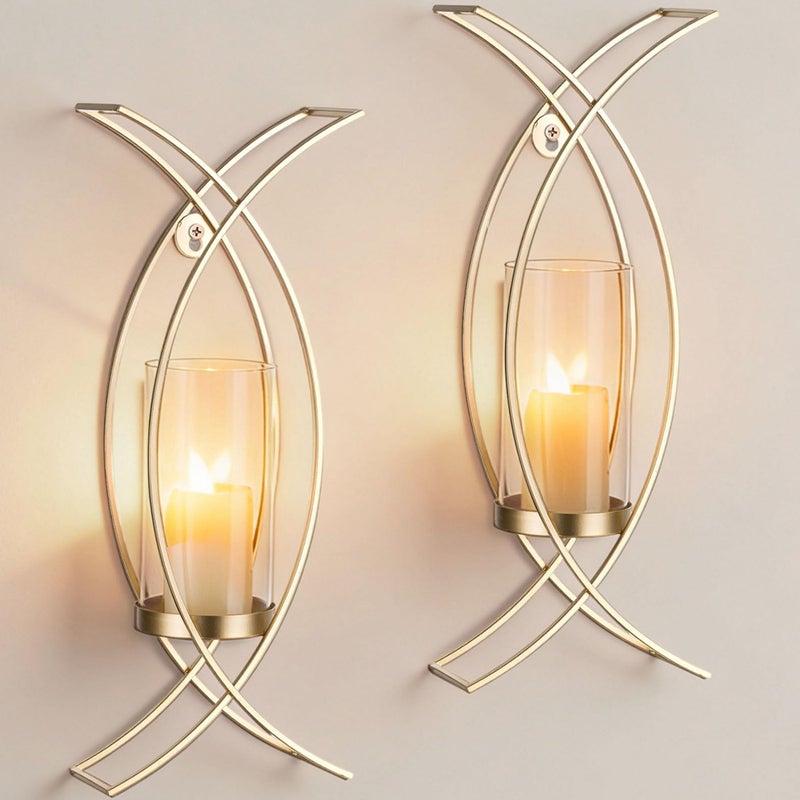 Walasis Candle Sconces Wall Decor Set of 2: Wall Hurricane Candle Holder Modern Metal Wall Mounted Gold Sconces Decorations for Living Room Bedroom Bathroom Hallway Outdoor - Image 1
