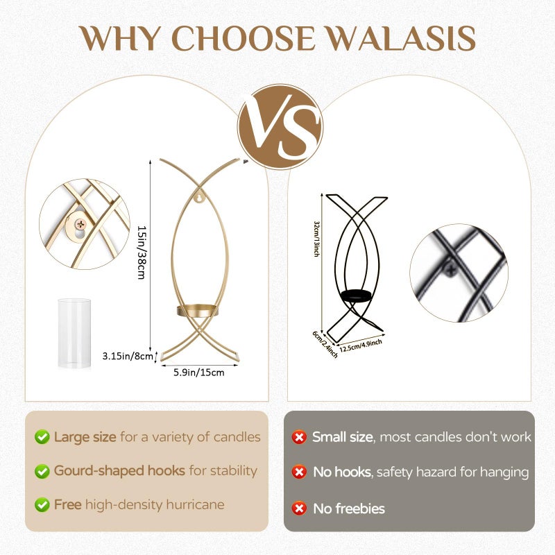 Walasis Candle Sconces Wall Decor Set of 2: Wall Hurricane Candle Holder Modern Metal Wall Mounted Gold Sconces Decorations for Living Room Bedroom Bathroom Hallway Outdoor - Image 4