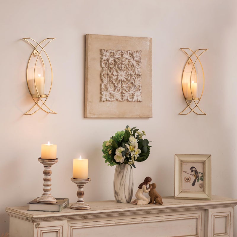 Walasis Candle Sconces Wall Decor Set of 2: Wall Hurricane Candle Holder Modern Metal Wall Mounted Gold Sconces Decorations for Living Room Bedroom Bathroom Hallway Outdoor - Image 3
