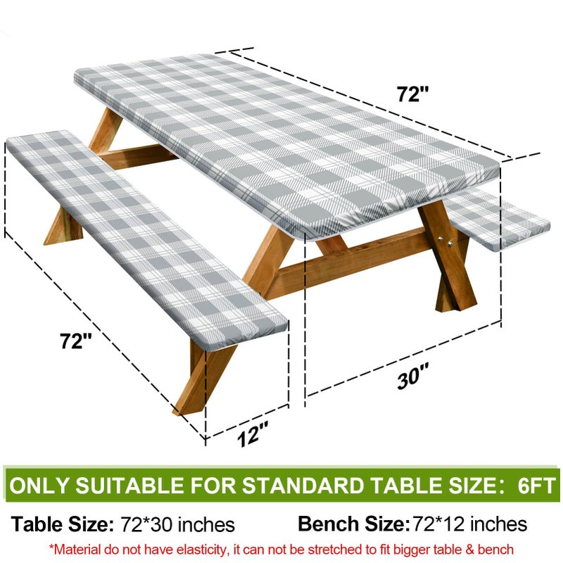 Play Tailor Picnic Table Cover with Bench Covers Camping Essentials Waterproof Windproof Camping Tablecloth with Drawstring Bag, Fitted Rectangle Tables and Seats, 72in, Grey Checkered - Image 2
