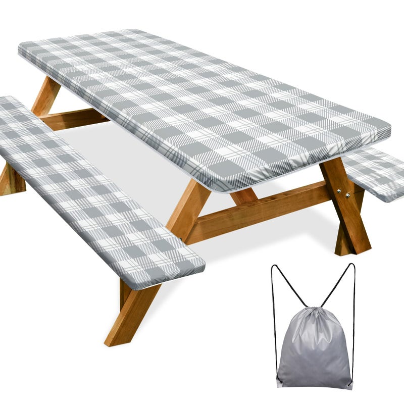 Play Tailor Picnic Table Cover with Bench Covers Camping Essentials Waterproof Windproof Camping Tablecloth with Drawstring Bag, Fitted Rectangle Tables and Seats, 72in, Grey Checkered - Image 1