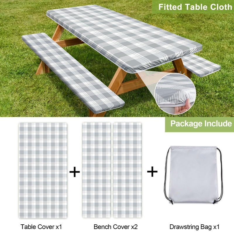 Play Tailor Picnic Table Cover with Bench Covers Camping Essentials Waterproof Windproof Camping Tablecloth with Drawstring Bag, Fitted Rectangle Tables and Seats, 72in, Grey Checkered - Image 4