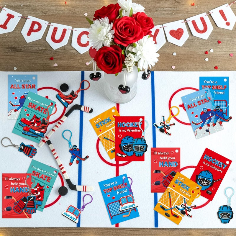 Haooryx Valentine's Day Gift Card with Hockey Keychain - 30 Pack Cute Hockey Keychain with Greeting Card Sport Key Ring for Kid Boy Classroom Exchange Gift Student Reward Sport Game Prizes Party Favor - Image 4