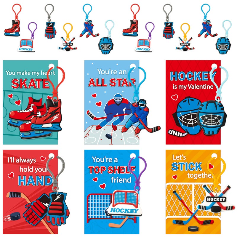 Haooryx Valentine's Day Gift Card with Hockey Keychain - 30 Pack Cute Hockey Keychain with Greeting Card Sport Key Ring for Kid Boy Classroom Exchange Gift Student Reward Sport Game Prizes Party Favor - Image 1