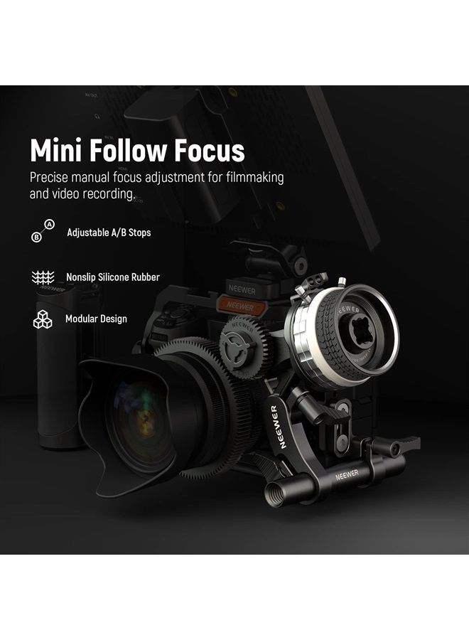 NEEWER Mini Follow Focus with A/B Stops, Lens Gear Ring, 15mm Rod & Rod Clamp for Cinema Camera, DSLR/Mirrorless Camera, Compatible with Lens Diameter Up to 114mm, PG001 (Silver) - Image 2