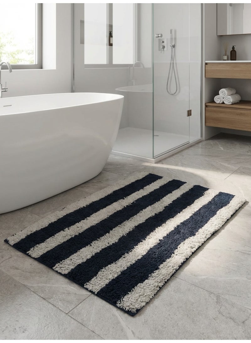 Ambrosia 50 x 80 cm Linear Tufted Cotton Bathmat in Navy Blue Striped, Non Slip Anti Skid bath mat Quick Dry Super Absorbent Washable Bathroom Floor Mat - Image 4