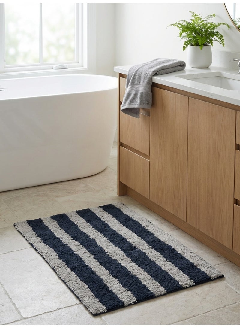Ambrosia 50 x 80 cm Linear Tufted Cotton Bathmat in Navy Blue Striped, Non Slip Anti Skid bath mat Quick Dry Super Absorbent Washable Bathroom Floor Mat - Image 5