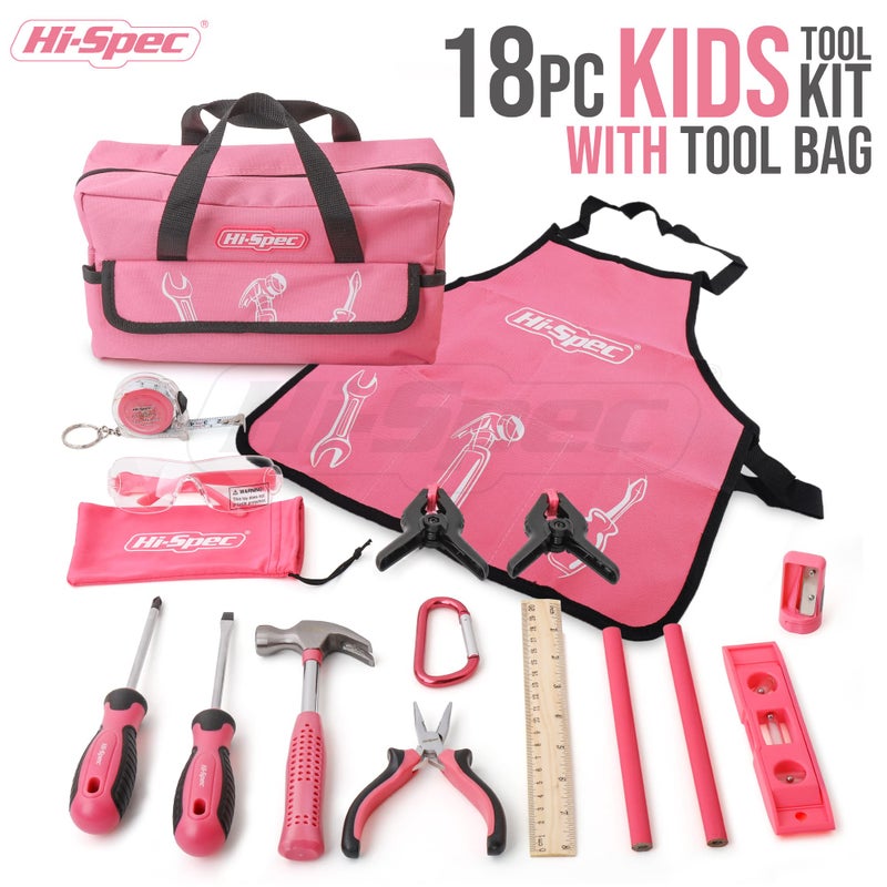 Hi-Spec 18pc Pink Kids Tool Kit Set & Child Size Tool Bag. Real Kit for DIY Building, Woodwork & Construction - Image 2