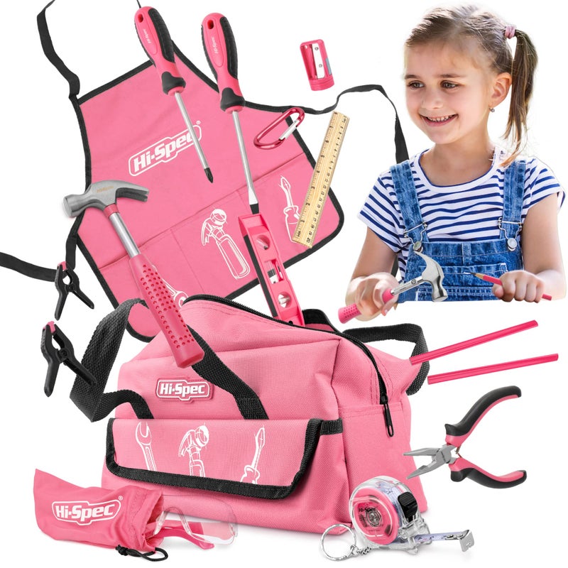 Hi-Spec 18pc Pink Kids Tool Kit Set & Child Size Tool Bag. Real Kit for DIY Building, Woodwork & Construction - Image 1