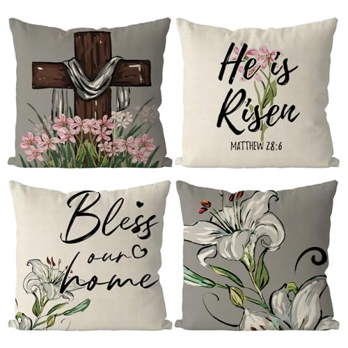 GAGEC Easter Pillow Covers 18x18 Inch Set of 4 He is Risen Bless Our Home Cross Flowers Pillowcase Farmhouse Decorations for Sofa Couch Bedroom Living Room Decor - Image 1