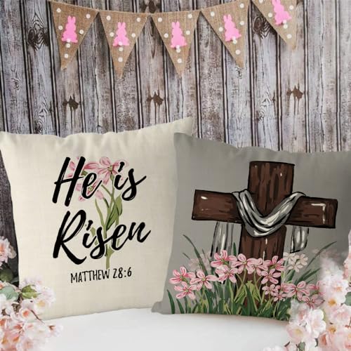 GAGEC Easter Pillow Covers 18x18 Inch Set of 4 He is Risen Bless Our Home Cross Flowers Pillowcase Farmhouse Decorations for Sofa Couch Bedroom Living Room Decor - Image 3