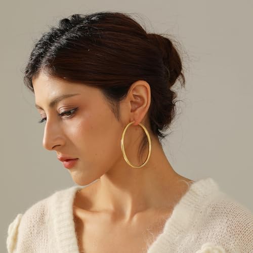 OOOPEL Steling Silver Chunky Gold Hoop Earrings - Hypoallergenic, Lightweight, Hollow Tube Design - 20/30/40/50/60MM - Image 5