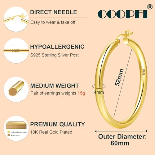 OOOPEL Steling Silver Chunky Gold Hoop Earrings - Hypoallergenic, Lightweight, Hollow Tube Design - 20/30/40/50/60MM - Image 3