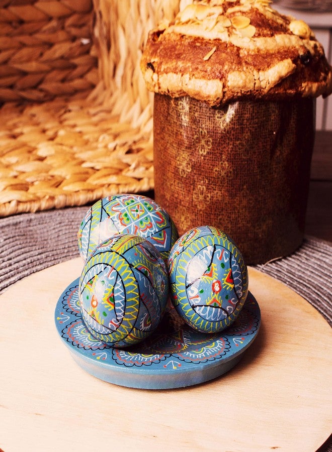 QG group Lot 3 Blue Vintage 2,5’’ Hand Painted Wooden Ukrainian Easter Eggs Pysanky Mini Ornaments Wooden Chicken Eggs (Pysanka Pysanky Supplies) on Easter Plates - Image 3