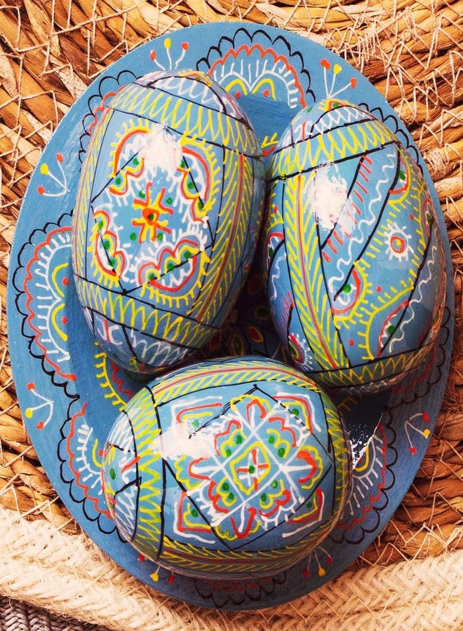QG group Lot 3 Blue Vintage 2,5’’ Hand Painted Wooden Ukrainian Easter Eggs Pysanky Mini Ornaments Wooden Chicken Eggs (Pysanka Pysanky Supplies) on Easter Plates - Image 2