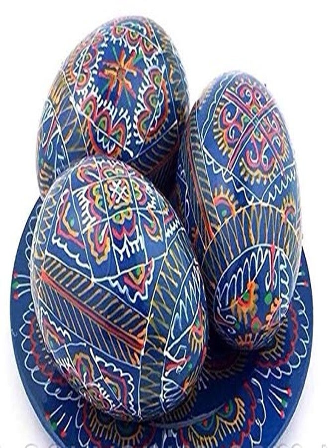 QG group Lot 3 Blue Vintage 2,5’’ Hand Painted Wooden Ukrainian Easter Eggs Pysanky Mini Ornaments Wooden Chicken Eggs (Pysanka Pysanky Supplies) on Easter Plates - Image 1