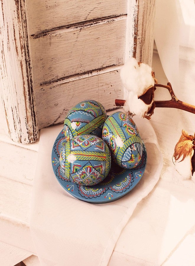 QG group Lot 3 Blue Vintage 2,5’’ Hand Painted Wooden Ukrainian Easter Eggs Pysanky Mini Ornaments Wooden Chicken Eggs (Pysanka Pysanky Supplies) on Easter Plates - Image 4