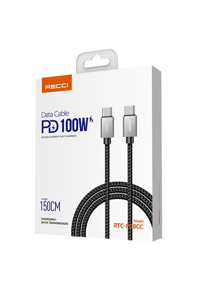 Recci Cable charging and data transfer , Type-C supports fast charging, safe and fast data transfer 120W 150cm, supports all devices Black - Image 3