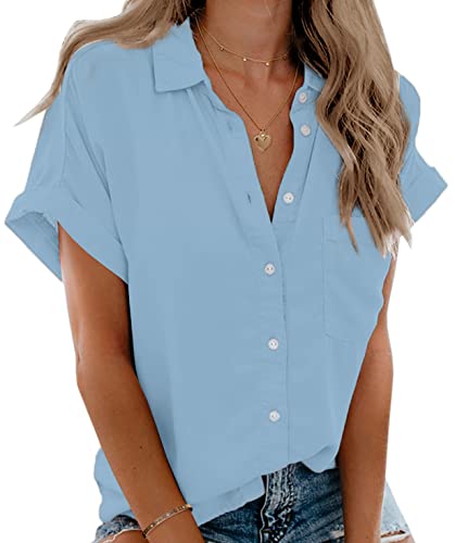 Beautife Womens Short Sleeve Shirts V Neck Collared Button Down Shirt Tops with Pockets (Large, Blue) - Image 1