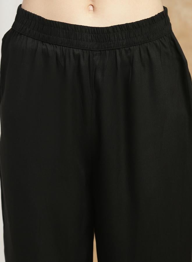 globus Black V-Neck Embroidered Detail Straight Kurta and Pant Set - Image 5