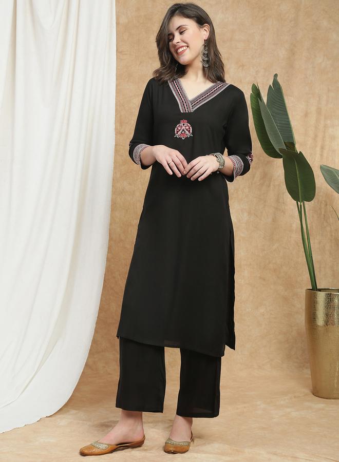globus Black V-Neck Embroidered Detail Straight Kurta and Pant Set - Image 1