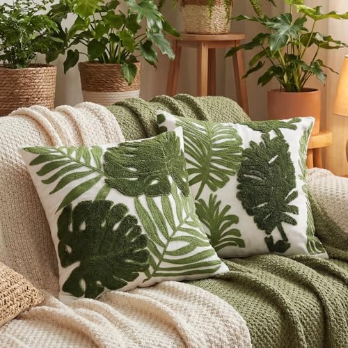 Gilprop 2 Pcs Embroidered Throw Pillow Covers 18 x 18 Inch Boho Square Decorative Pillow Covers Floral Leaf Plant Cushion Case for Bed Couch Sofa Bedroom Living Room Home Decor Large Leaves - Image 1