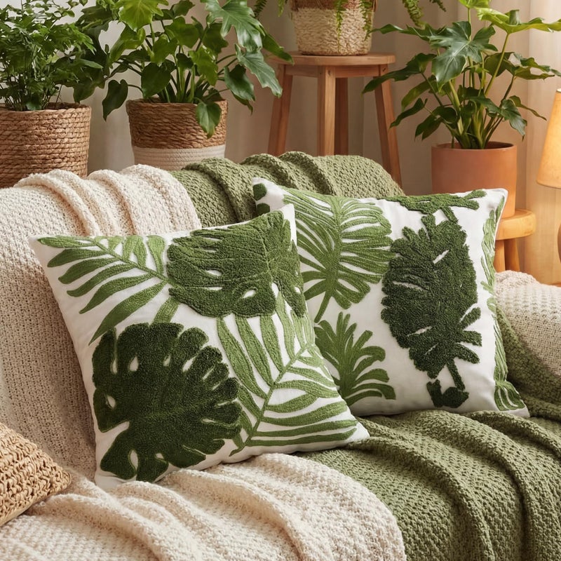 Gilprop 2 Pcs Embroidered Throw Pillow Covers 18 x 18 Inch Boho Square Decorative Pillow Covers Floral Leaf Plant Cushion Case for Bed Couch Sofa Bedroom Living Room Home Decor Large Leaves - Image 2