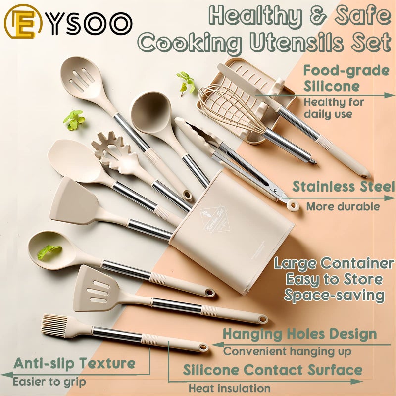 34-Piece Heat-Resistant Silicone Cooking Utensil Set with Stainless Steel Handles and Holder, Safe for Non-Stick Cookware, Dishwasher Safe - Image 5