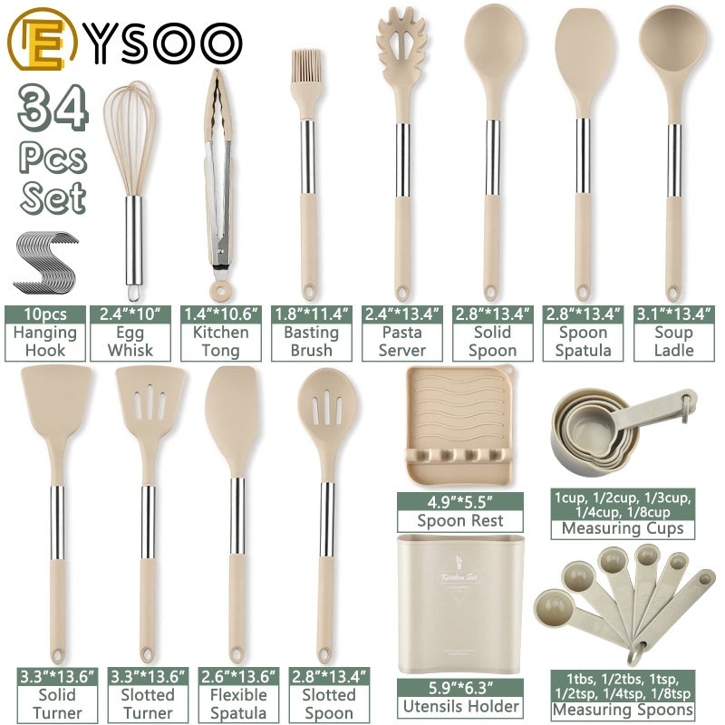 34-Piece Heat-Resistant Silicone Cooking Utensil Set with Stainless Steel Handles and Holder, Safe for Non-Stick Cookware, Dishwasher Safe - Image 2