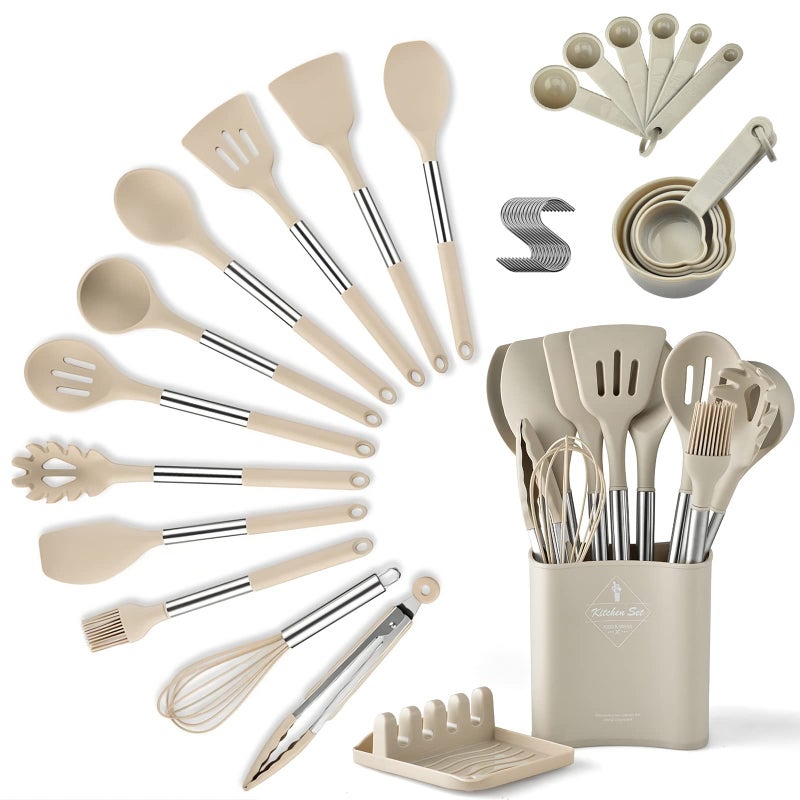 34-Piece Heat-Resistant Silicone Cooking Utensil Set with Stainless Steel Handles and Holder, Safe for Non-Stick Cookware, Dishwasher Safe - Image 1