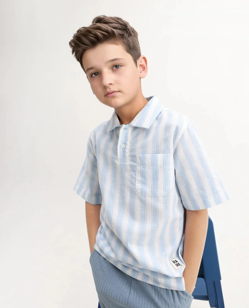 رير ونز Rare Ones Kids Timo Blue Cotton Striped Button Closure Regular Fit Shirt