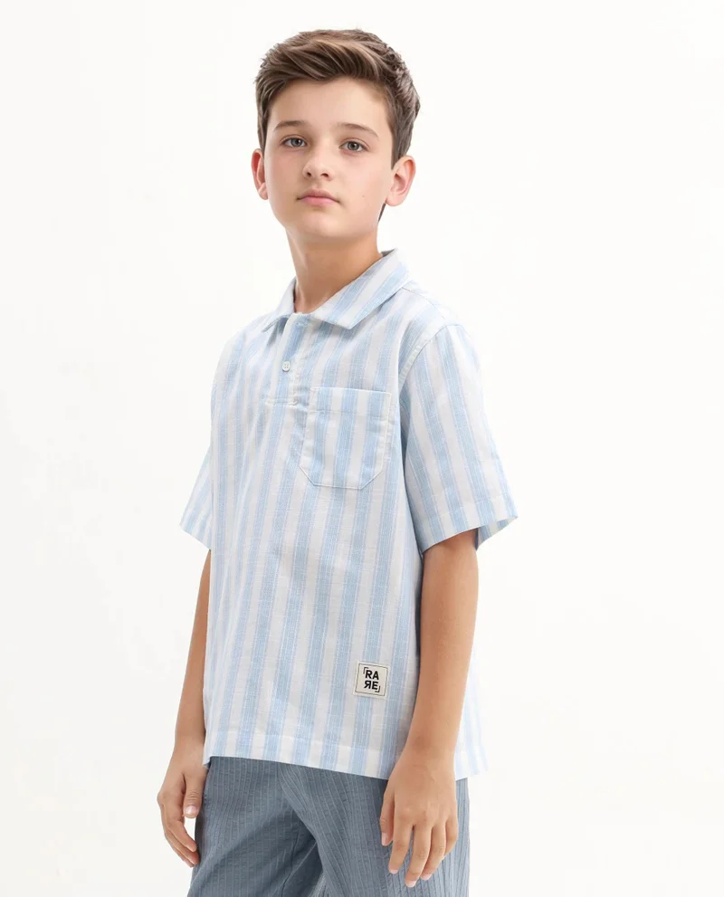 Rare Ones Rare Ones Kids Timo Blue Cotton Striped Button Closure Regular Fit Shirt