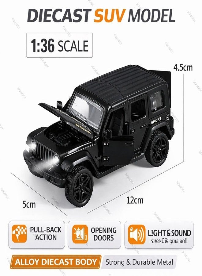 SQUIDSY 1:36 Scale Rubicon Car Model – Die-Cast Metal Pull Back SUV with Openable Doors, Lights & Music – Alloy Off-Road Toy Vehicle for Kids, Boys & Collectors (Black) - Image 3