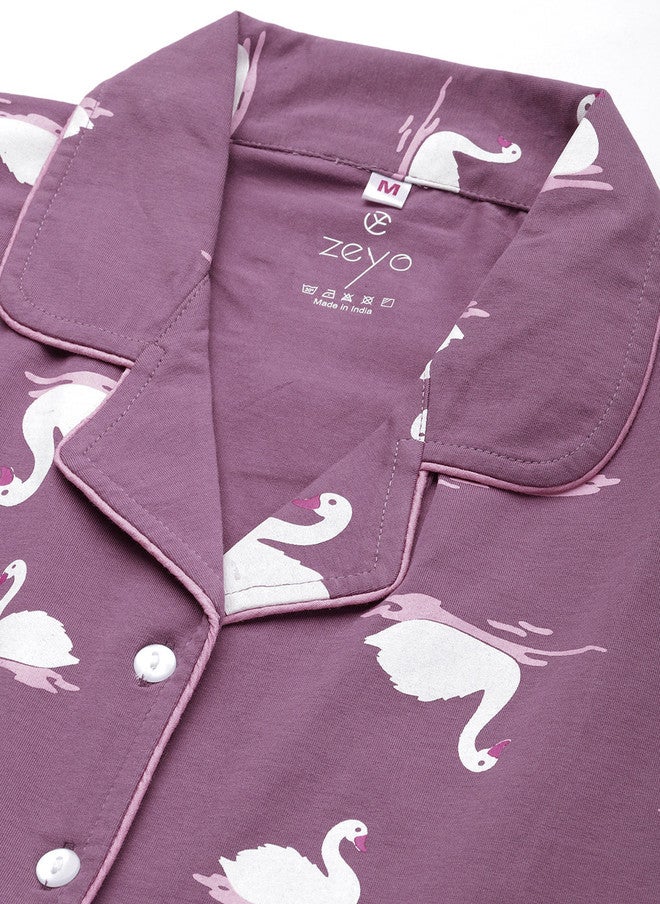 Zeyo Women Mauve & White Pure Cotton Printed Maternity & Feeding Pyjama Set - Image 2