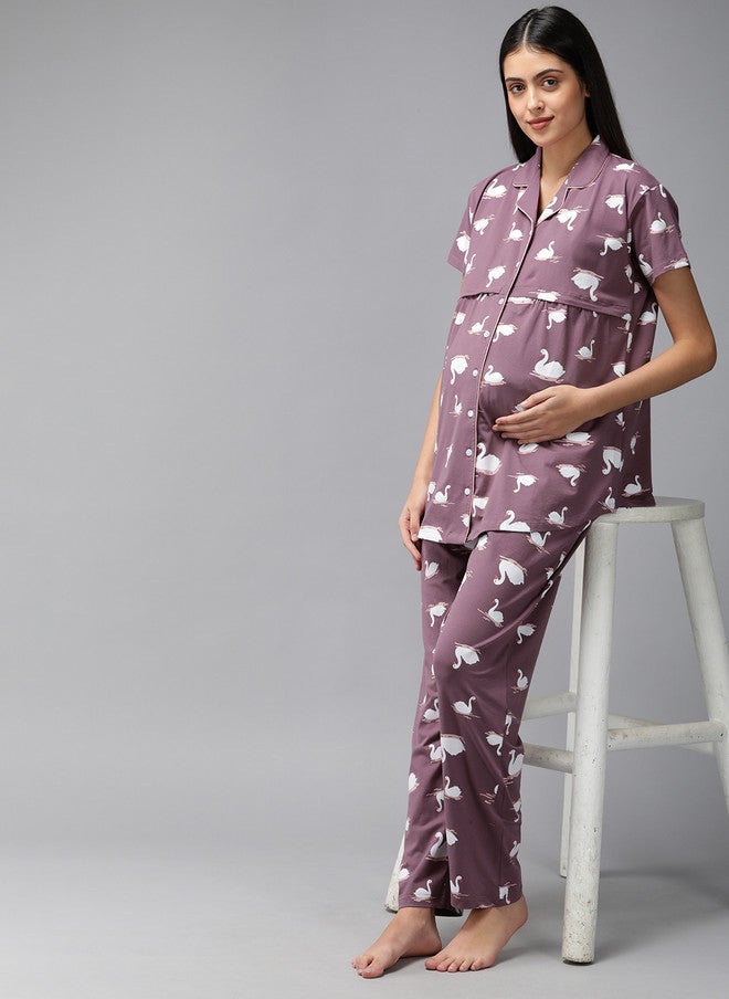 Zeyo Women Mauve & White Pure Cotton Printed Maternity & Feeding Pyjama Set - Image 5