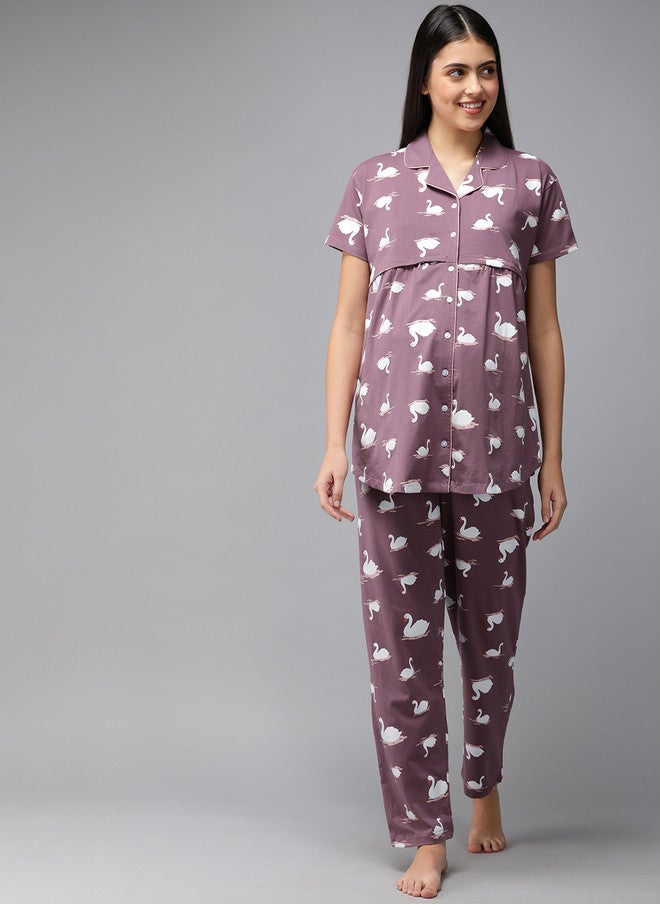 Zeyo Women Mauve & White Pure Cotton Printed Maternity & Feeding Pyjama Set - Image 1