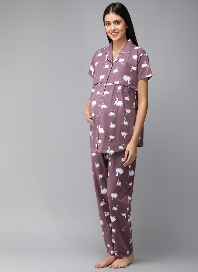 Zeyo Women Mauve & White Pure Cotton Printed Maternity & Feeding Pyjama Set - Image 3