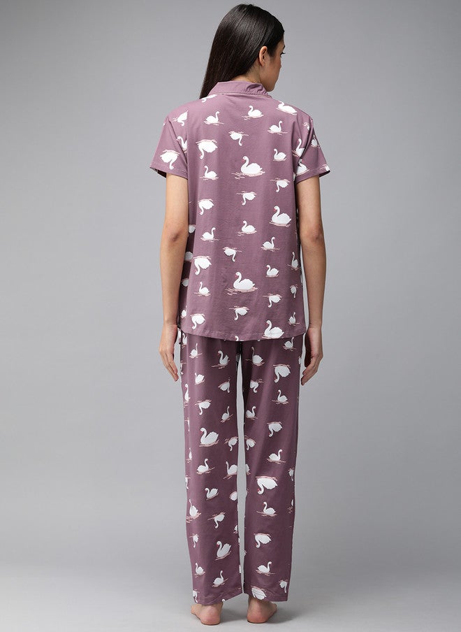 Zeyo Women Mauve & White Pure Cotton Printed Maternity & Feeding Pyjama Set - Image 4