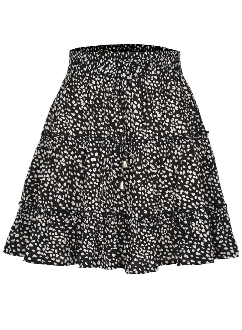 Loquat Women's Summer Boho Printed Mini Skirt High Waist Drawstring Tiered Skirts Black 