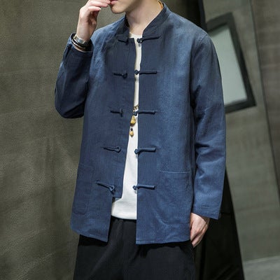 Linen Long Sleeve Shirt Jacket Mens Autumn Chinese Style Mens Shirt Chinese Style Collar Mens Cotton Linen Tang Coat Navy blue - Image 1