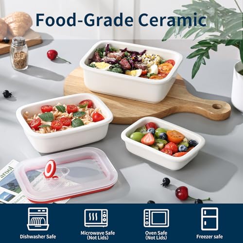 Dizada Ceramic Food Storage Containers with Lids Set of 3 - Porcelain Meal Prep Containers, Reusable Lunch Containers, Microwave Dishwasher Freezer Oven Safe - Image 3