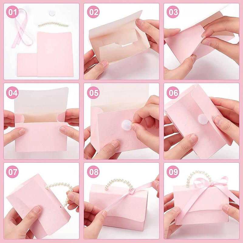 BENECREAT 16Set Wedding Favors Box DIY Set, Pink Kraft Paper Box with Pearl Handle, Ribbons, Stickers, Gift Boxes for Birthday, Party Favor, Boutique, Wedding and Anniversary - Image 4